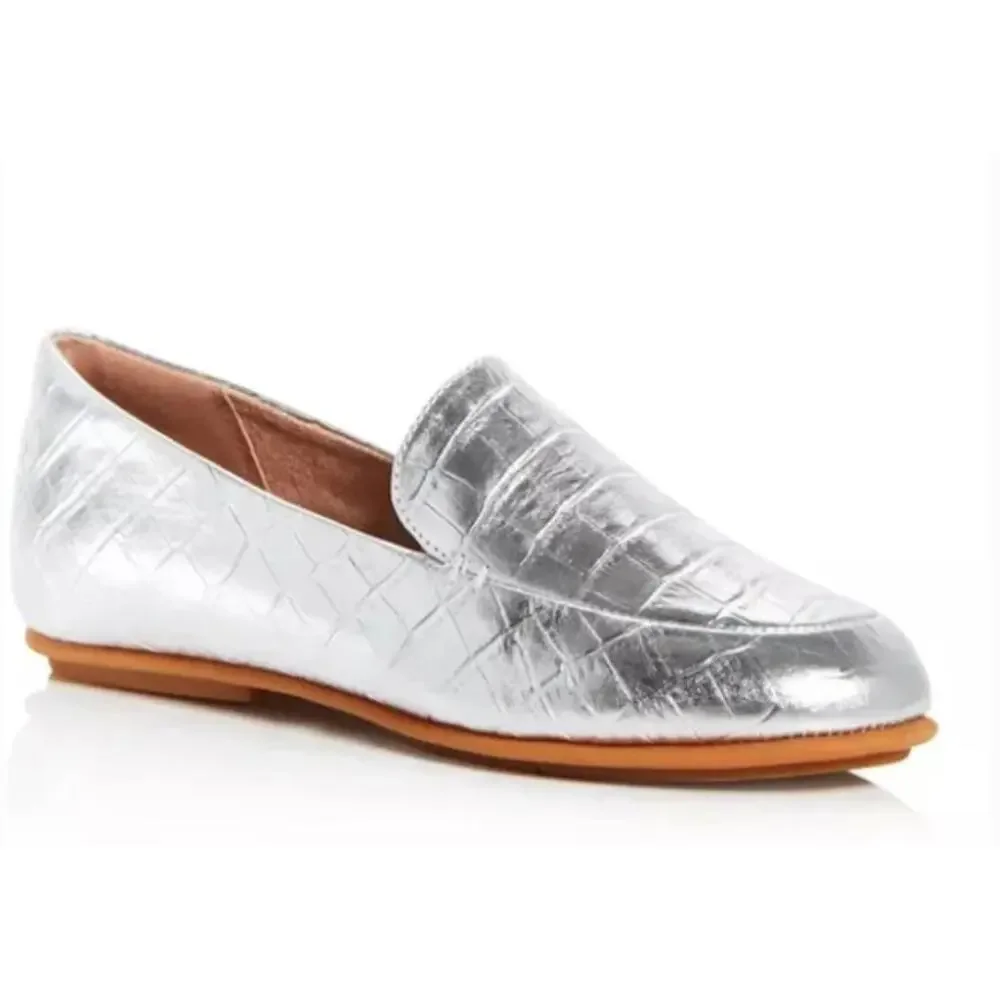 NWOT Fitflop Metallic Silver Croc-Embossed Slip-On Loafers.